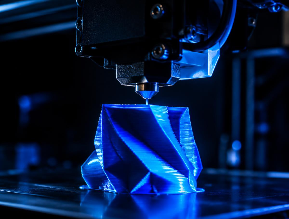 Bico de impressora 3D depositando filamento azul camada por camada